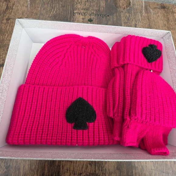 Kate Spade NY Chenille Patch Knit Box Set Beanie Hat Mittens Pink Black Gift New - Picture 2 of 11
